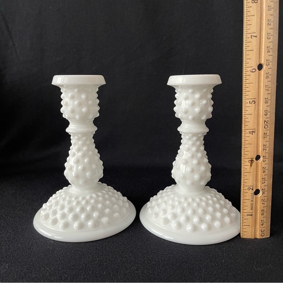 Fenton Hobnail Milk Glass Candle Sticks - pair - 6” High - Vintage - Picture 2 of 5